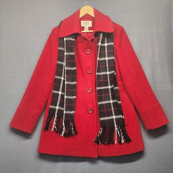 London Fog Pea Coat Womens Medium Wool Blend Red Button Front Classic with Scarf - Picture 1 of 8